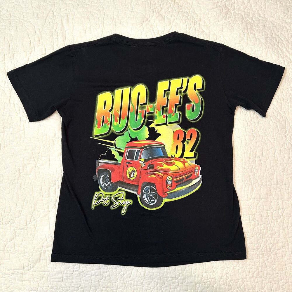 Buc-ee's 82 Pit Stop Graphic T-Shirt Youth Medium 100% Cotton Black Trucker Neon